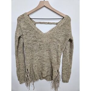 BKE Womens XS Tan Open Knit Fringe Hem V-Neck Open Back Sweater Long Sleeve Boho